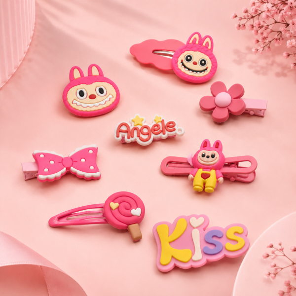 Kids Cartoon Hair Clips Set – 8PCS - Pink