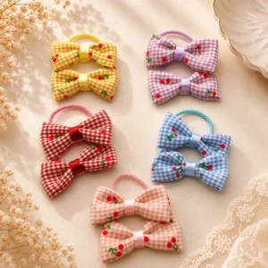 Cute Cherry Bow Hair Ties for Girls – Gingham Checkered Elastic Ponytail Bands