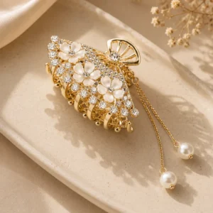 Elegant Gold Floral Hair Claw Clip with Pearl Dangle & Rhinestone Detailing